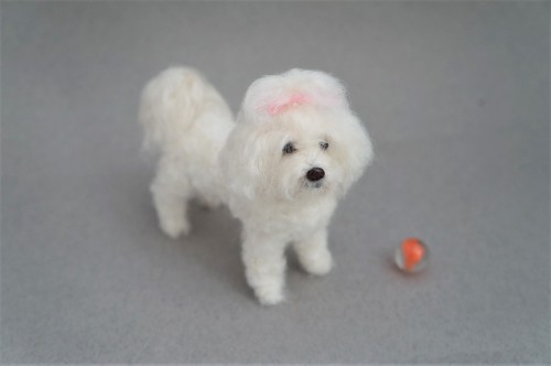 A senior Maltese, needle felted miniature version. Felted based on the pet image of the first photo 