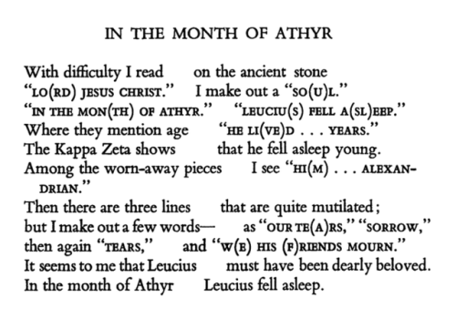 C.P. Cavafy, &ldquo;In the Month of Athyr&quot; 