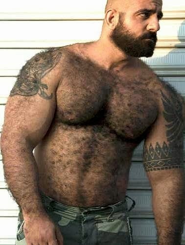 Muscle hunk, hairy, great looking pecs, imposing.