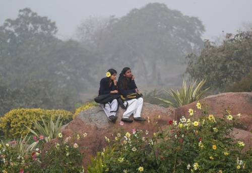 killing-the-prophet:Indian school girls sit in a park on a foggy morning in New Delhi, India, Jan. 3