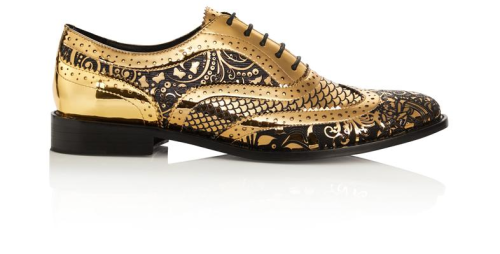 arsenicinshell:Kama Shoe-tra Gold and Black Laser etched Brogue Shoes by Luke Grant MullerAvalaible 