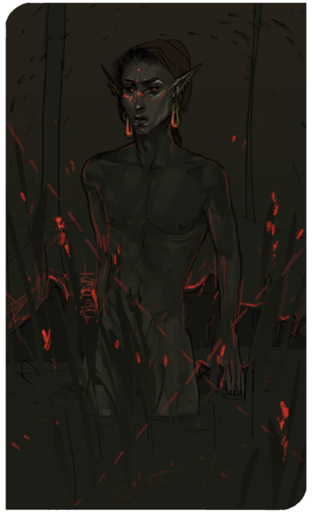 Posted this to Patreon weeks ago and forgot to post it anywhere else. [Unnamed] is a Dunmer living in the Black Marsh in the wake of the Red Mountain eruption. He lives off of the land with a peculiar affinity for Wamasu. Will update with more details