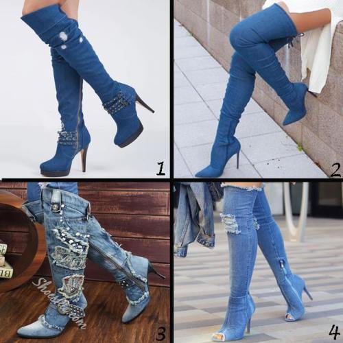 Denim Buckle High Heels Boots