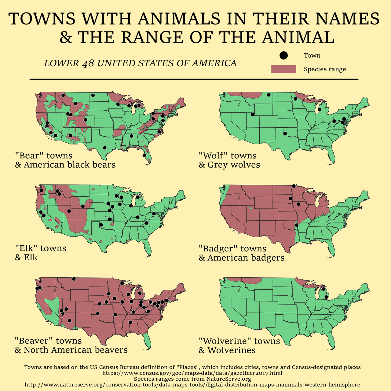 datarep:  US towns with animals in their names, compared to the current range of