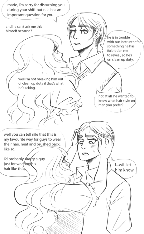 drinkyourfuckingmilk:  here is the first part of the erwin/marie/nile headcanons *downs a fifth of vodka* 