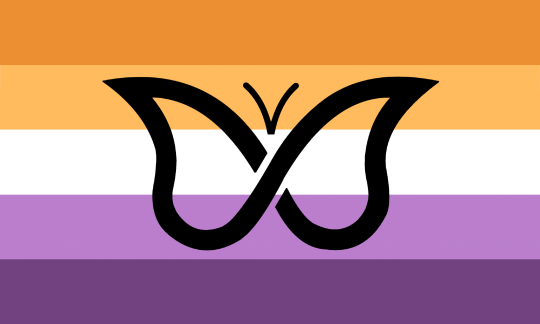A flag with five horizontal of the same sizes. Their colors are, from top to bottom, orange, pastel orange, white, pastel violet and violet. There is a black butterfly symbol in the center of the flag.