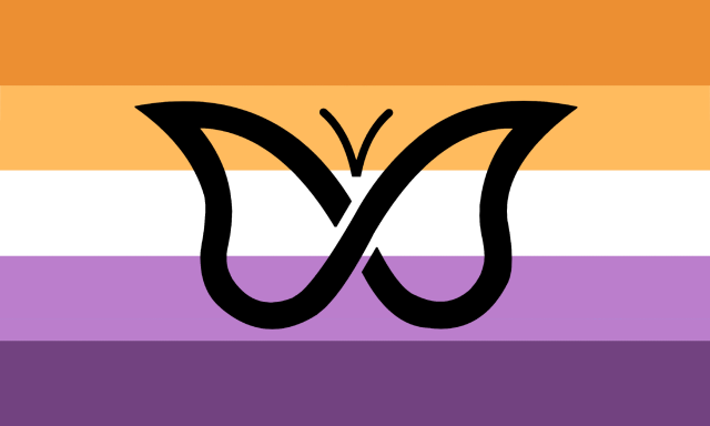 A flag with five horizontal of the same sizes. Their colors are, from top to bottom, orange, pastel orange, white, pastel violet and violet. There is a black butterfly symbol in the center of the flag.