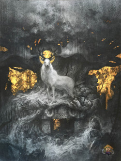 yoannlossel:  [Yoann Lossel] &ldquo;The Forgotten Gods&rdquo; - Graphite, Gold leaf and hydrangea petals - 17,3/23”  &ldquo;The Forgotten Gods&rdquo; - Graphite, feuilles d’or et pétales d’hortensias - 44/58cm Mon hommage à la forêt Primordiale