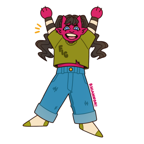 mordredmanor:sunbvrsts:funky little tiefling!![id: a drawing of fig faeth done in a colorful, cute s