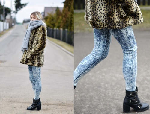 Denim leggings, leopard faux fur, black boots and a huge wool scarf: so grunge, so cool! (spotted by