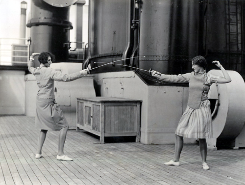 sydneyflapper:Women sparring aboard an ocean liner (unidentified), 1920s