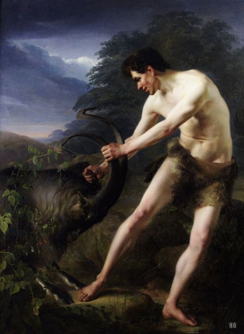 hadrian6:Man struggling with a goat. 19th.century. Friedrich Rehberg. German. 1758-1835. oil on canv