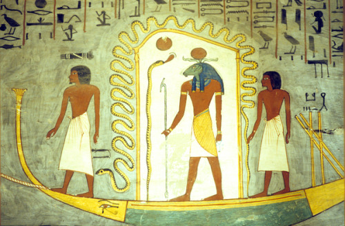 The Journey of Amun-ReScene from the Book of Gates, the Barque of Amun-Re being towed through the un