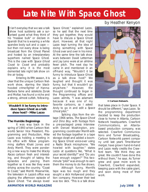 Special report about Space Ghost Coast to Coast from the 1998 July issue of Animation World Magazine