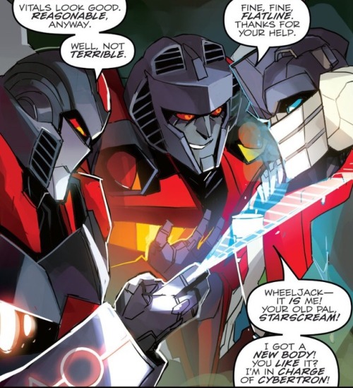 wannakissrobits:Reminder of that time Wheeljack was so distracted by Starscream’s hot new bod he nea