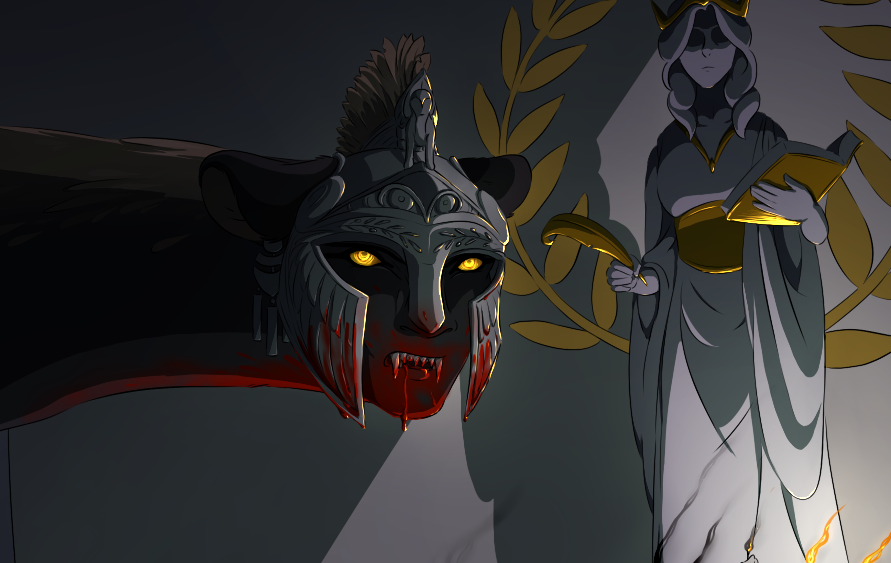 A close up of the sphynx's face. She is wearing a helmet decorated with the symbols of Athena - olive branches, an owl, and a model sphynx. Her golden eyes glow brightly in the dim candlelight. Blood is smeared down her chin and neck, dripping from her teeth as she snarls.