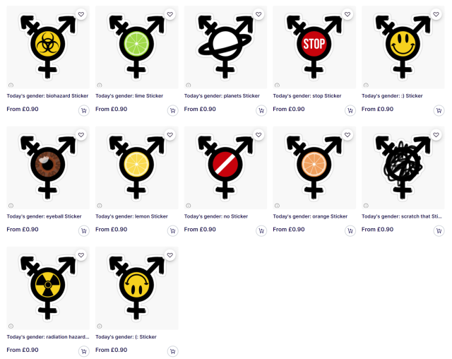 Selection of designs featuring the transgender symbol with different icons in the centre of the circle - a biohazard symbol, a lime slice, a planet, a stop sign, a smiley face, an eye, a lemon slice, an orange slice, a scribble, a radiation hazard symbol, and an upside-down smiley face