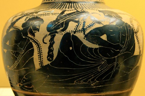 Heracles and Iolaos. Attic white-ground black-figure oinochoe, artist unknown; ca. 500-490 BCE. 