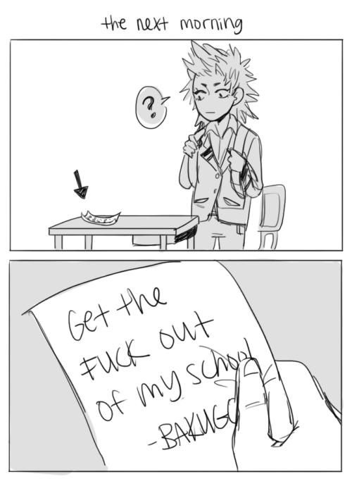 oikws:    bakugou gets a crush on kirishima and doesnt know how to deal w it so he writes him a letter saying “get the fuck out of my school”   