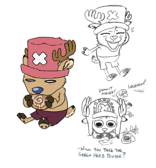 Three drawings of Chopper from One Piece. One on the left is colored in a crayon-like style of his first pre-timeskip design, sitting and eating a cinnamon roll with a zoned out face. The top left sketch is him laughing and blushing and doing his goofy little dance. The bottom left sketch is his post-timeskip design, looking at a table with various items referencing Resident Evil on it. Behind him is Leon S. Kennedy yelling "dammit Ashley!" and running towards an off-screen Ashley calling for him. Below Chopper is text saying "-Will you take the Green Herb Powder?"