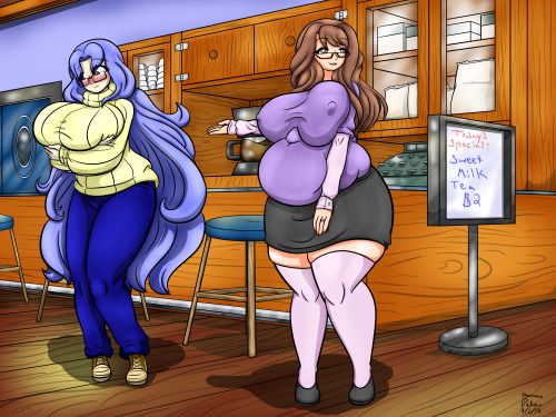 anubis2pabon288:  Here’s a little something I drew for  as thanks for an awesome pic of Miruku he drew. Here we have his gal Jyazue presenting the special of the day in her coffee shop, supplied by a very embarrassed, very full Miruku. Haha ( l 3 l)