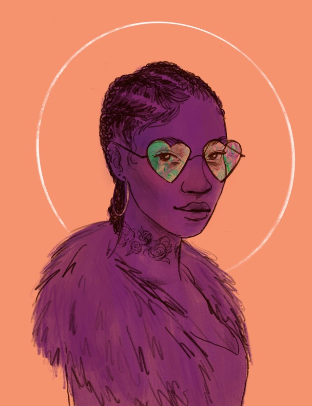 Image of Hennessy from Call Down The Hawk. The image is a pencil drawing on an orange background with purple shading. She is wearing heart-shaped glasses with a psychedelic pattern in the lenses. 