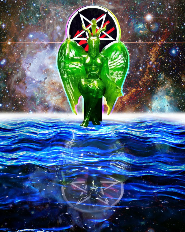 green baphomet statue with a Satanic antifascism sticker behind it. Behind the statue is a cosmic background and below it is its reflection in water