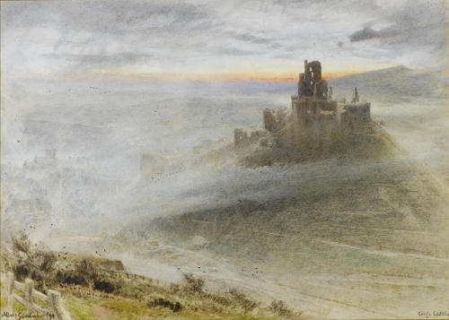 catonhottinroof:Albert Goodwin (1845-1932)Corfe Castle at dawn 