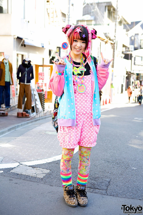 16-year-old Harajuku girl Ramuneruneru on Cat Street w/ 6%DOKIDOKI romper &amp; Milkim jacket.