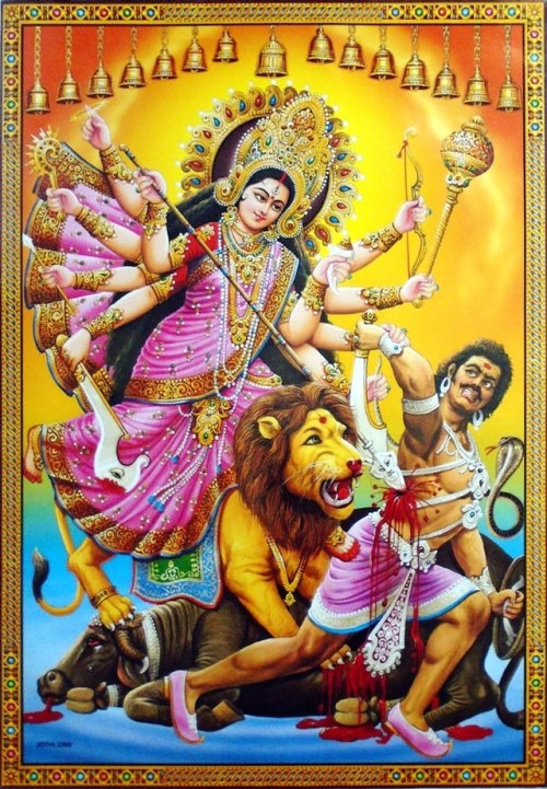 hinducosmos:Maa Durga Bhavani Slaying Mahisha the Buffalo Demon (via eBay: Indian_ash)