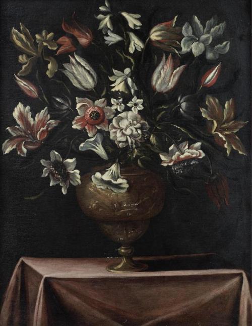 Circle of Giacomo Recco (1603–1650)Tulips, narcissi and other flowers in a bronze urn on a draped ta