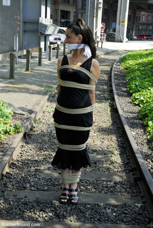 graybandanna:  Damsel in distress tied up on the railroad tracks.