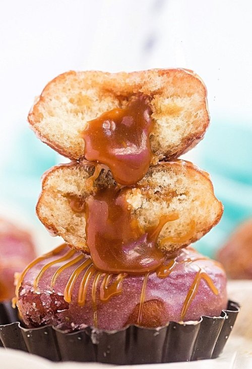 sweetoothgirl:Fried Chocolate Explosion Donuts & Salted Caramel Donuts