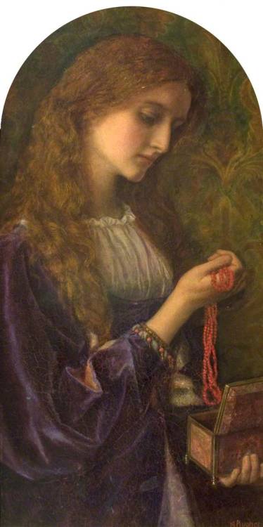 This painting was originally called &lsquo;The Casket&rsquo; but Arthur Hughes changed it to 'Madele
