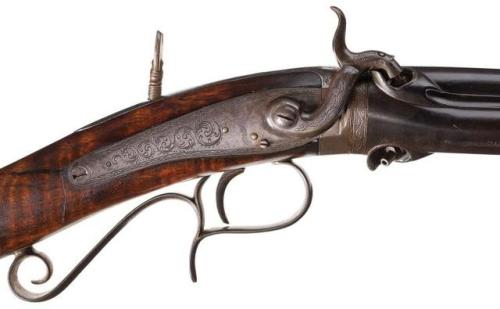 Rotary three barreled percussion revolving rifle, crafted by H. V. Perry, mid 19th century.from Rock