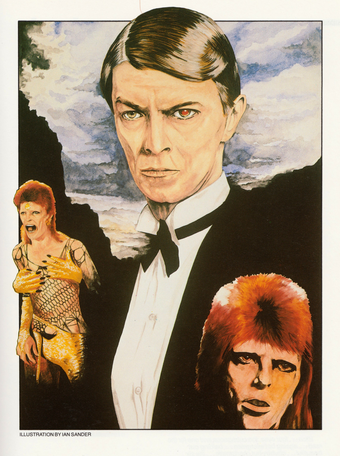 David Bowie, illustration by Ian Sander. From Visions of Rock (Proteus Books, 1981).