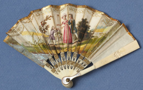 history-of-fashion:ab. 1830 Fan (antler and paper, lithographed and painted)ab. 1833 Fan (mother-of-