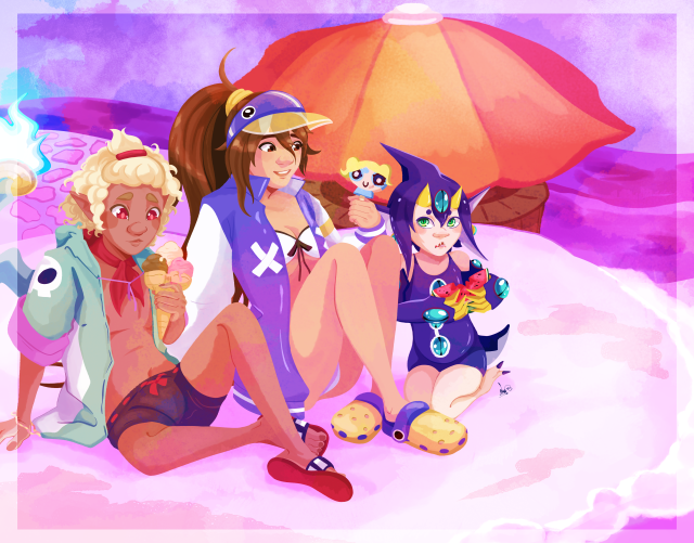 Emizel, Fuka, and Desco from Disgaea 4. Fuka and Desco are in their Disgaea RPG summer alt outfits, with Fuka in prinny-themed leisurewear and a white bikini, and Desco remodified to be a dark blue with green eyes and yellow horns/claws, more reminiscent of a shark now. Emizel has his bangs pinned up out of his face, and wears an open green hoodie with a skull design on the shoulder, purple sleeves, and a red hood interior. His bow tie is now a red ascot. He also wears black swimshorts with a red waistband, and red sandals with black and white striped straps. Each of them has a snack - Emizel a three-scoop neapolitan ice cream cone, Fuka a Bubbles from Powerpuff Girls-shaped ice lolly, and Desco a slice of watermelon that she's bitten into. They are all sitting in the sand together, the two sisters conversing while Emizel looks at his ice cream. Out behind them spreads purple-tinged sands and thick purple oceans of ooze, as well as a beach cabana bar with a large orange parasol over it.