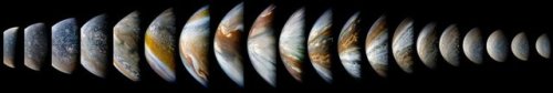 celestialreconnaissance:   Swirls of Jupiter  Jupiter is a very stormy, turbulent, violent planet. The planet completes a day (or one complete rotation) within roughly 10 hours, which creates massive winds, producing these swirls, and violent storms.