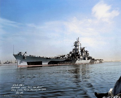 lonestarbattleship:USS Alaska (CB-1) underway near the Philadelphia Navy Yard, on July 30, 1944.NHHC: NH 57214, NH 92282Colorized by Irootoko Jr: link