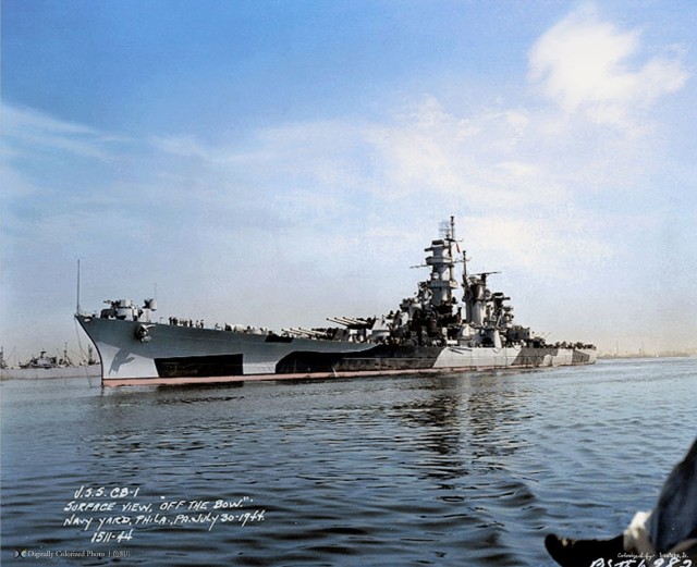 lonestarbattleship:USS Alaska (CB-1) underway near the Philadelphia Navy Yard, on July 30, 1944.NHHC: NH 57214, NH 92282Colorized by Irootoko Jr: link