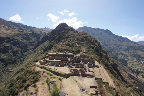 Pisac hike through the archeological site near the town of Pisac in the Sacred Valley, Peru