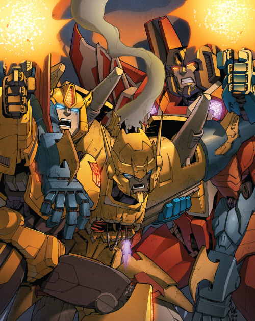 suite43: (id: Bumblebee and Starscream, both firing blasters forward with intense expressions as the