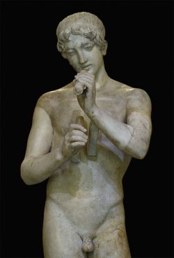 boysnmenart:  Youth playing flute (close-up).  Marble. Roman copy after a Greek original of the 5th-4th cent. BCE. Inv.  No. Гр 4185 / A 392. Saint-Petersburg, The State Hermitage Museum.  (Photo by I. Sh.).                     