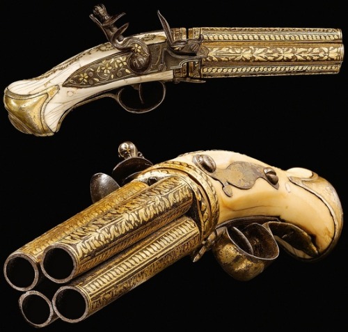 the-wicked-knight: Four barreled Indo-Persian flintlock pistol, possibly Indian or Ottoman, 19th cen