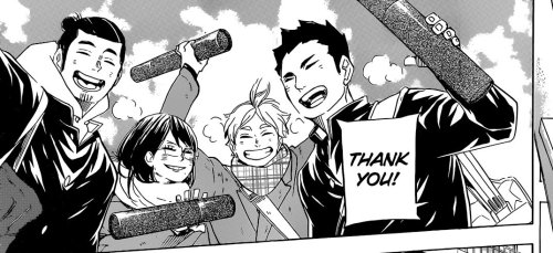 biyachi:shoutos:HAIKYUU!! Ch. 369 - Food and Muscle [ID: Two manga screenshots showing Asahi, Kiyoko