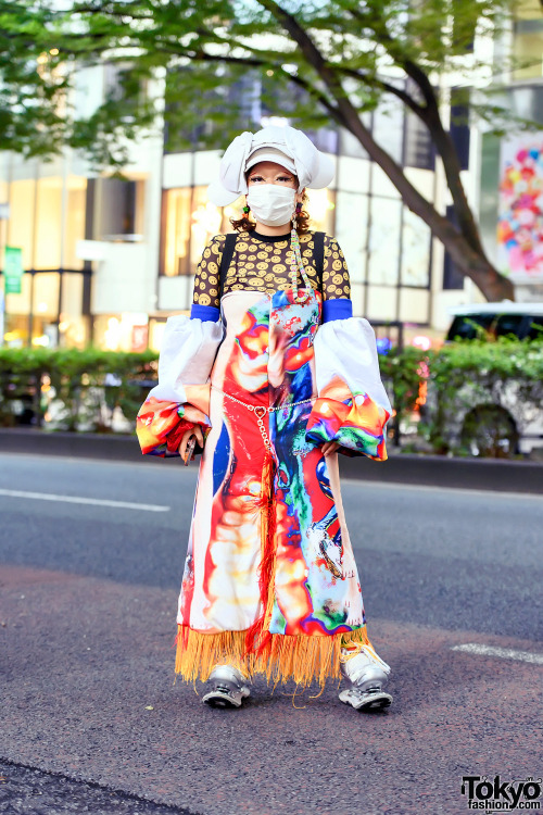 Japanese fashion designer/student Sakuran on the street in Harajuku wearing colorful handmade fashio