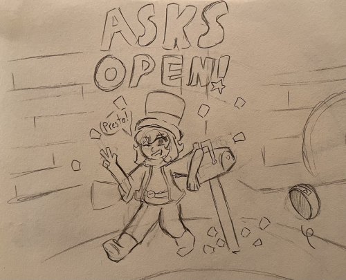 Hat kid strikes a triumphant pose, one arm on her newly-installed mailbox, the other showing a peace sign as they grin, winking, saying "Presto!" Rumbi does a flip next to her. The text "ASKS OPEN!" hangs non-diagetically above her head.