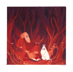 josephine-meis: I just finished my paintings for the “Red Exhibition” we’re having in Gobelins. First time I tried gouache :v This is a chapter of “Moomins” I like, by Tove Jansson, very much inspired by her work. 