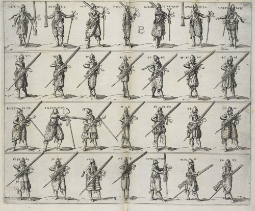 Musket form on point.Figures of soldiers with muskets from L’art militaire pour l’infanterie, 1615.